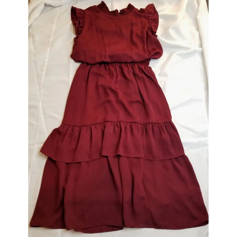 Saks 5th Ave Burgundy Red Ruffle Dress Tiered Boho Cottage Academia Romance 8 US